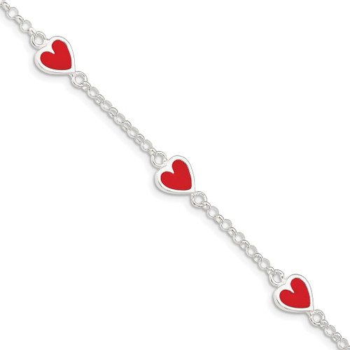 Lex & Lu Sterling Silver Enamel Red Heart Bracelet 6'' - Lex & Lu
