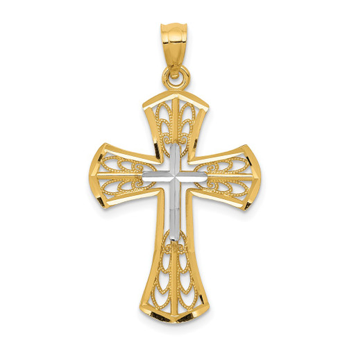 Lex & Lu 14k Yellow Gold w/Rhodium Polished D/C Filigree Cross Pendant LAL102579 - Lex & Lu