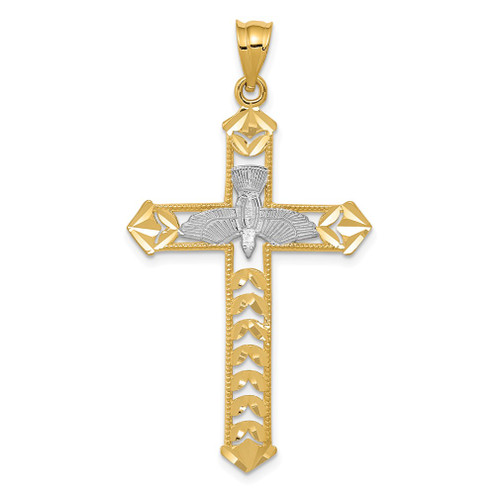 Lex & Lu 14k Yellow Gold w/White Rhodium Polished D/C Dove Cross Pendant - Lex & Lu