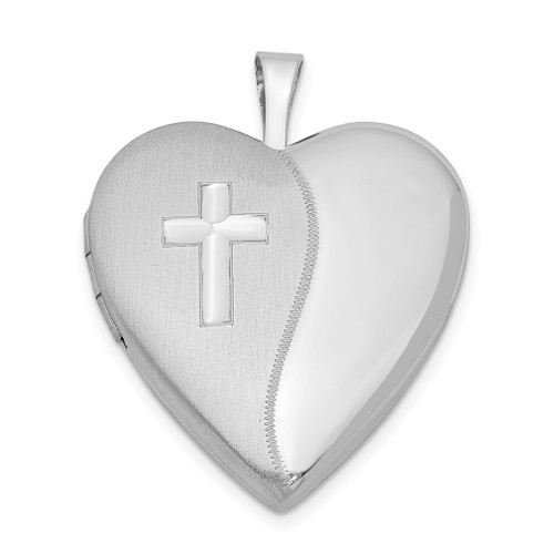 Lex & Lu Sterling Silver 20mm Cross Satin/Polished Heart Locket - Lex & Lu