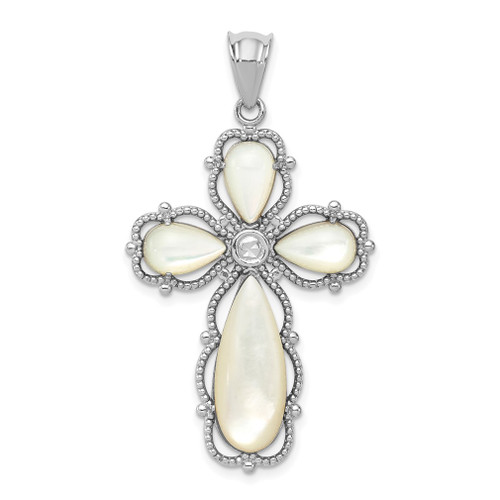 Lex & Lu Sterling Silver w/Rhodium Mother of Pearl Cross Pendant - Lex & Lu