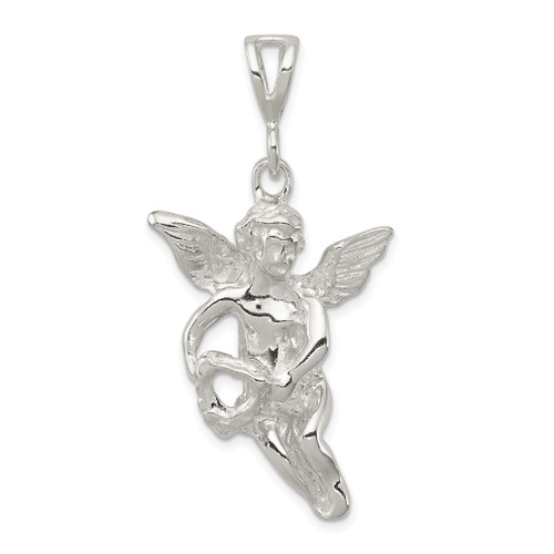 Lex & Lu Sterling Silver Polished & Textured Flying Angel w/Heart Pendant - Lex & Lu
