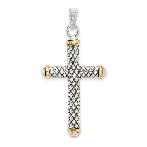 Lex & Lu Sterling Silver w/14k Gold White Topaz On Bail Antiqued Cross Pendant - Lex & Lu