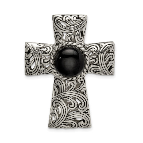 Lex & Lu Sterling Silver Antiqued Filigree Black Onyx Cabochon Slide - Lex & Lu