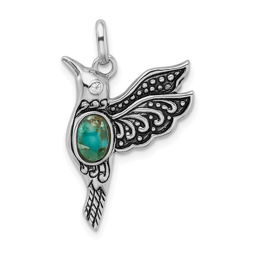 Lex & Lu Sterling Silver Rhodium/Oxidized Recon. Turq/CZ Hummingbird Pendant - Lex & Lu