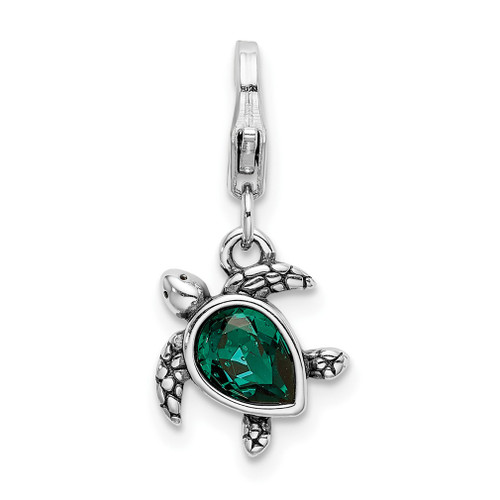 Lex & Lu Sterling Silver Green Crystals Turtle w/Lobster Clasp Charm - Lex & Lu