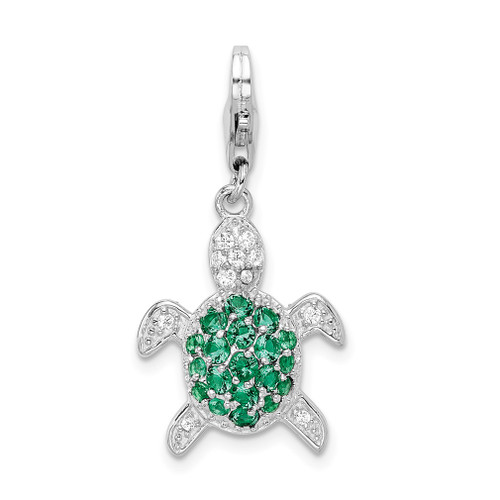 Lex & Lu Sterling Silver Green & Clear CZ Turtle w/Lobster Clasp Charm - Lex & Lu