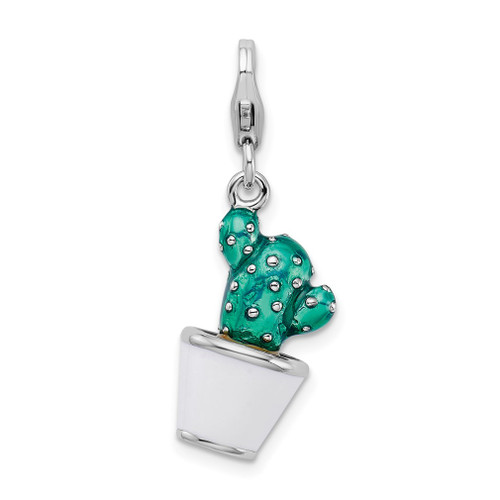 Lex & Lu Sterling Silver 3-D Enameled Potted Green Cactus w/Lobster Clasp Charm - Lex & Lu