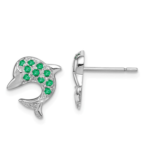 Lex & Lu Sterling Silver w/Rhodium Emerald & Diamond Dolphin Post Earrings - Lex & Lu