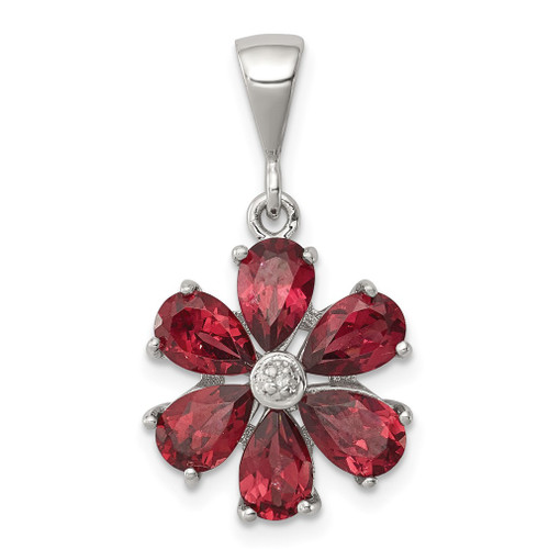 Lex & Lu Sterling Silver w/Rhodium Garnet & Diamond Flower Pendant - Lex & Lu