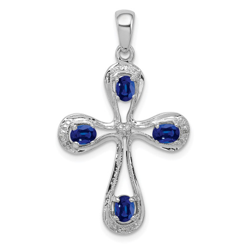 Lex & Lu Sterling Silver w/Rhodium Dark Sapphire & Diamond Cross Pendant LAL109004 - Lex & Lu