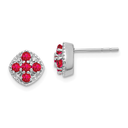 Lex & Lu Sterling Silver Glass Filled Ruby Flower Post Earrings - Lex & Lu