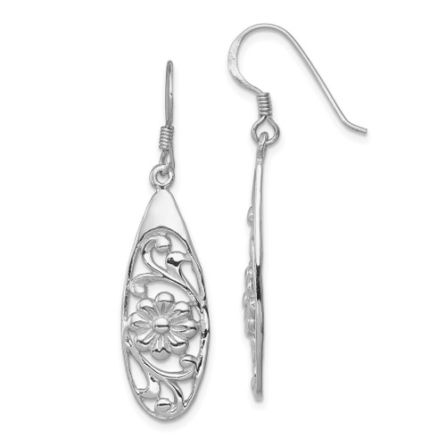 Lex & Lu Sterling Silver w/Rhodium Fancy Flower Shepherd Hook Earrings - Lex & Lu