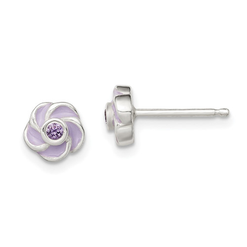 Lex & Lu Sterling Silver Polished Purple CZ Enamel Flower Post Earrings - Lex & Lu