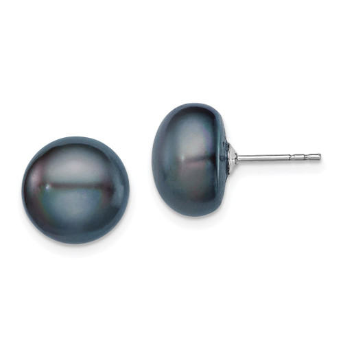 Lex & Lu Sterling Silver 11-12mm Black FW Cultured Button Pearl Stud Earrings - Lex & Lu