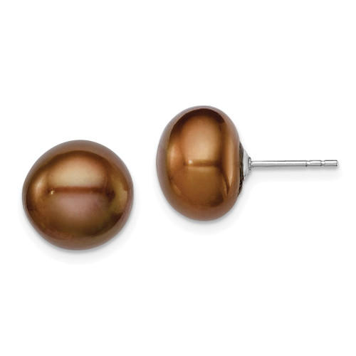 Lex & Lu Sterling Silver 11-12mm Brown FW Cultured Button Pearl Stud Earrings - Lex & Lu