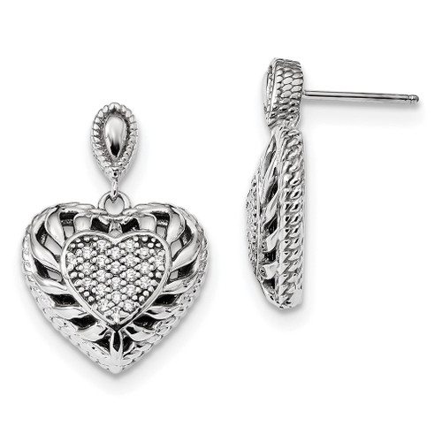 Lex & Lu Sterling Silver w/Rhodium Polished CZ Heart Dangle Post Earrings - Lex & Lu