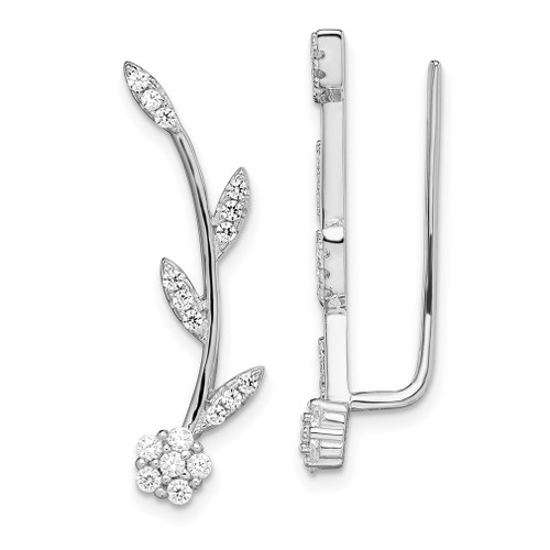 Lex & Lu Sterling Silver w/Rhodium CZ Flower w/Stem Ear Climber Earrings - Lex & Lu
