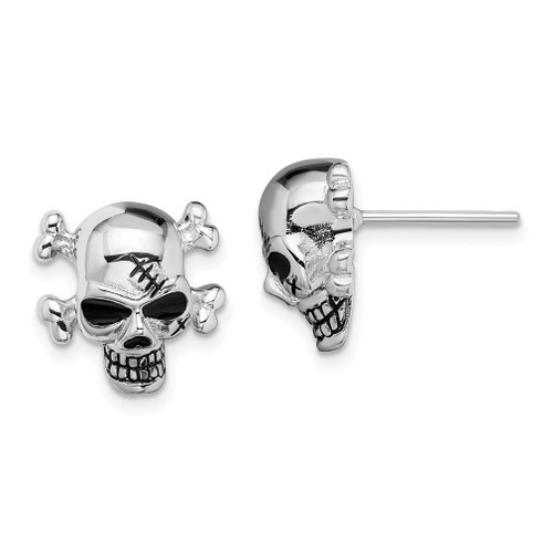 Lex & Lu Sterling Silver w/Rhodium Antiqued Enameled Skull Post Earrings - Lex & Lu