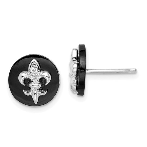 Lex & Lu Sterling Silver CZ Fleur de Lis on Onyx Circle Stud Earrings - Lex & Lu