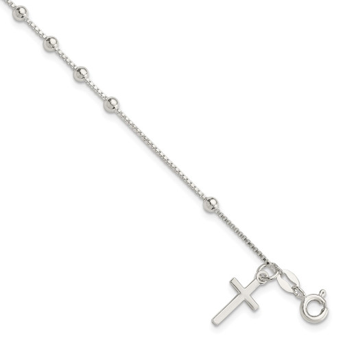 Lex & Lu Sterling Silver Polished Beaded Cross 7.25'' Bracelet - Lex & Lu