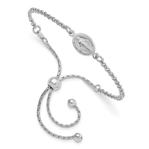 Lex & Lu Sterling Silver w/Rhodium Miraculous Medal Adjustable Bracelet 4'' to 9'' - Lex & Lu