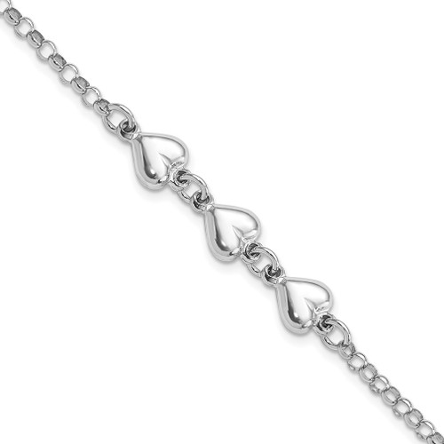 Lex & Lu Sterling Silver w/Rhodium Polished Triple Heart Charm Bracelet 7'' - Lex & Lu