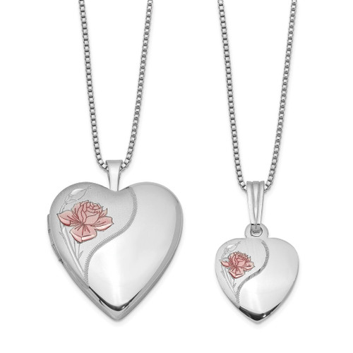 Lex & Lu Sterling Silver w/Rhodium & Satin Rose Heart Locket Necklace Set LAL113554 - Lex & Lu
