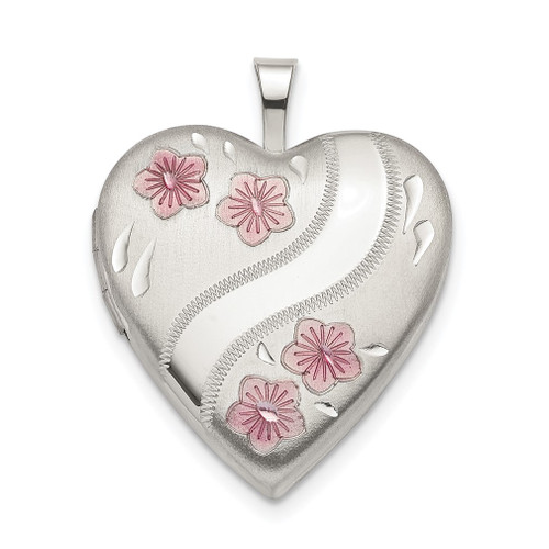 Lex & Lu Sterling Silver 20mm Pink Enamel Flower Heart Locket - Lex & Lu