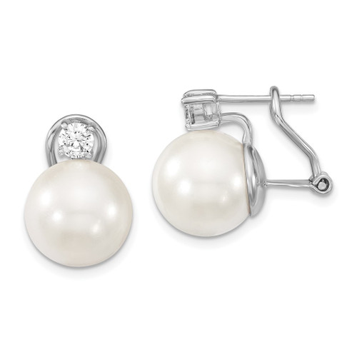 Lex & Lu Sterling Silver 12-13mm White Shell Pearl CZ Omega Back Earrings - Lex & Lu