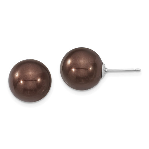 Lex & Lu Sterling Silver Majestik 12-13mm Round Brown Shell Bead Stud Earrings - Lex & Lu