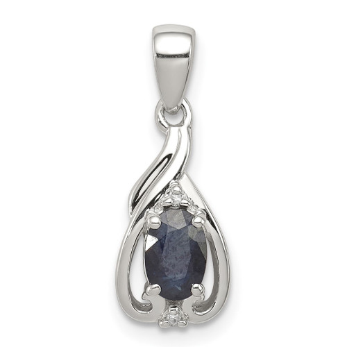 Lex & Lu Sterling Silver w/Rhodium Diamond & Sapphire Oval Pendant LAL115064 - Lex & Lu