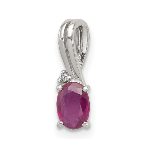 Lex & Lu Sterling Silver w/Rhodium Diamond & Ruby Oval Pendant LAL115079 - Lex & Lu