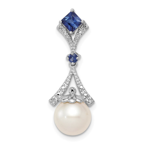 Lex & Lu Sterling Silver Rhod Plated Diamond Created Sapphire FWC Pearl Pendant - Lex & Lu