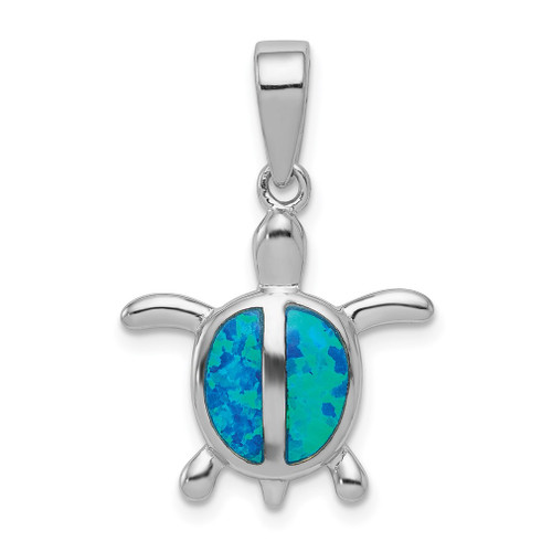 Lex & Lu Sterling Silver w/Rhodium Created Blue Opal Turtle Pendant - Lex & Lu