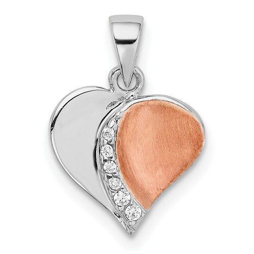 Lex & Lu Sterling Silver w/Rhodium & Rose G/P Polish/Satin CZ Heart Pendant - Lex & Lu