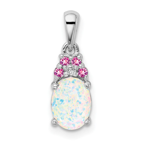 Lex & Lu Sterling Silver w/Rhodium Diamond Cr.Pink Sapp. Simulated Opal Pendant - Lex & Lu