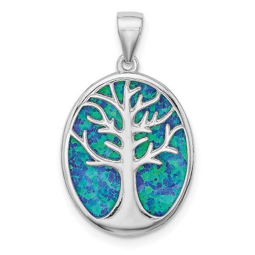 Lex & Lu Sterling Silver w/Rhodium Created Opal Tree of Life Oval Pendant - Lex & Lu