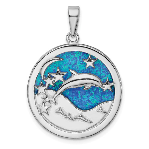 Lex & Lu Sterling Silver w/Rhodium Blue Inlay Created Opal Dolphins Pendant - Lex & Lu