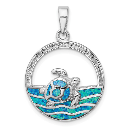 Lex & Lu Sterling Silver w/Rhodium Blue Inlay Created Opal Turtle Pendant LAL115810 - Lex & Lu