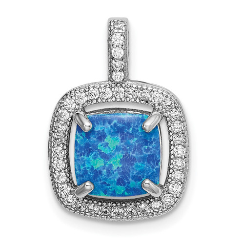 Lex & Lu Sterling Silver w/Rhodium Blue Square Created Opal w/CZ Pendant - Lex & Lu