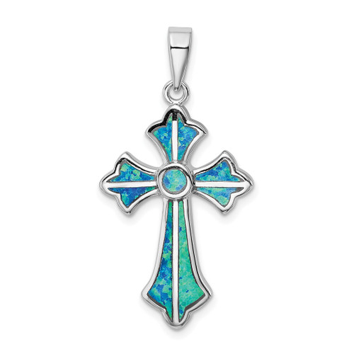 Lex & Lu Sterling Silver w/Rhodium Blue Inlay Created Opal Cross Pendant - Lex & Lu