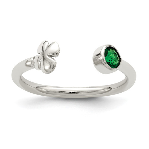 Lex & Lu Sterling Silver Green Glass Bead 4-Leaf Clover Adjustable Ring - Lex & Lu