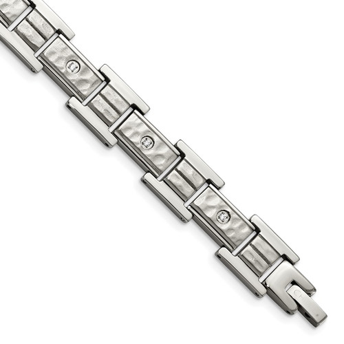 Lex & Lu Chisel Stainless Steel Brushed Polished and Hammered w/CZ Bracelet 8.5'' - Lex & Lu