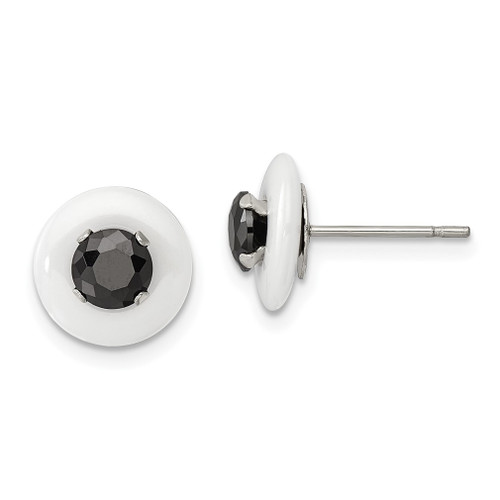 Lex & Lu Chisel Stainless Steel Polished White Ceramic w/Black CZ Post Earrings - Lex & Lu