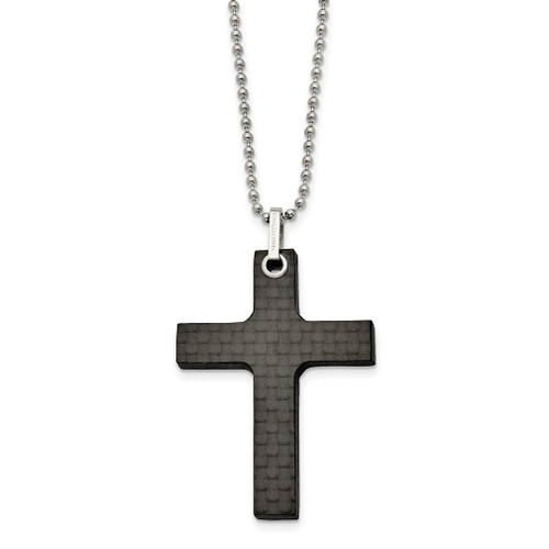 Lex & Lu Chisel Stainless Steel Solid Black Carbon Fiber Cross Necklace 22'' LALSRN2286-22 - Lex & Lu