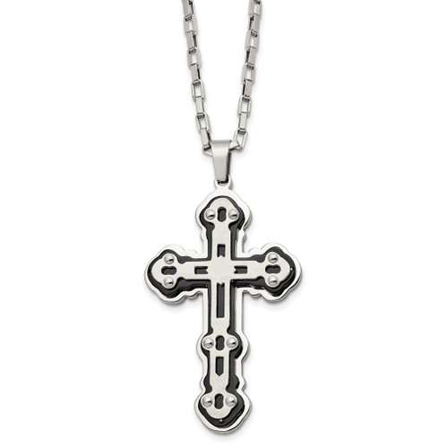 Lex & Lu Chisel Stainless Steel & Blk Plated Cross Necklace 24'' LAL118296 - Lex & Lu