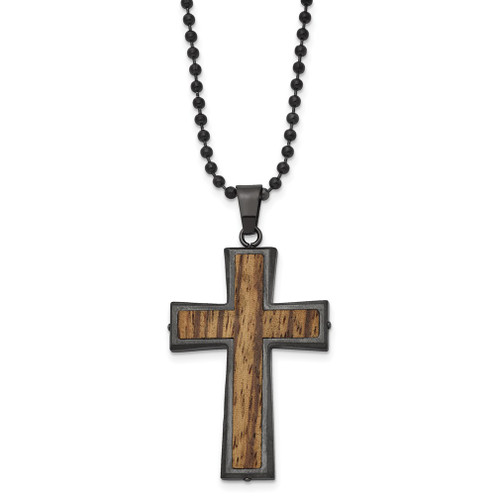 Lex & Lu Chisel Stainless Steel Gunmetal Plated w/Wood Inlay Cross Necklace 24'' - Lex & Lu