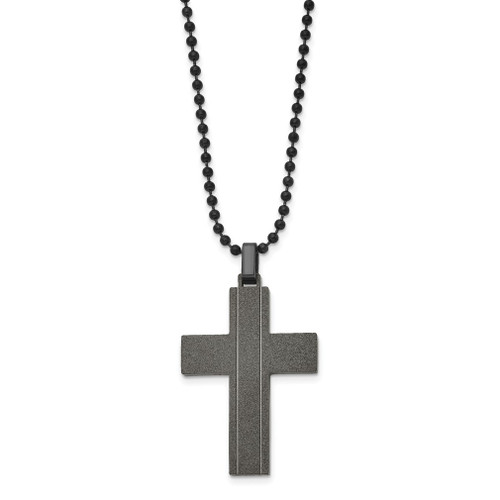 Lex & Lu Chisel Stainless Steel Brushed & Blk Plated Laser-cut Cross Necklace - Lex & Lu