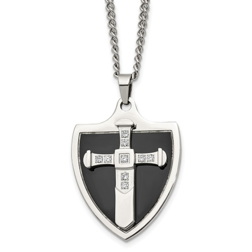 Lex & Lu Chisel Stainless Steel Black Plated w/CZ Cross Shield Necklace 24'' - Lex & Lu